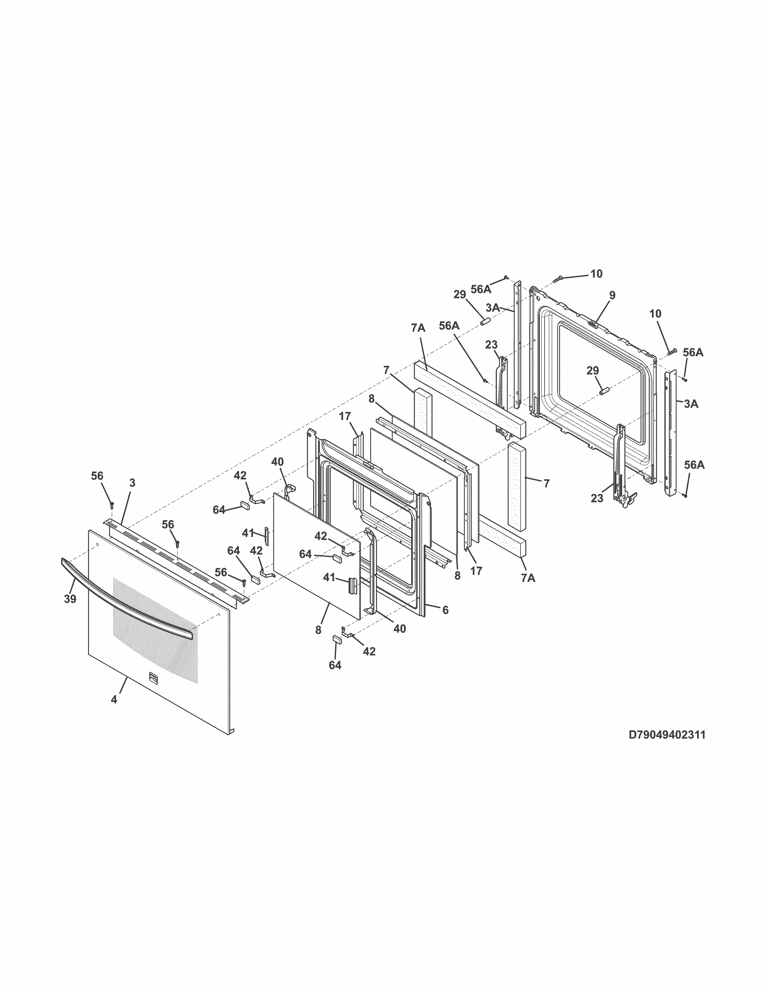 Door Diagram and Parts List for 79049402313  Kenmore Wall Oven