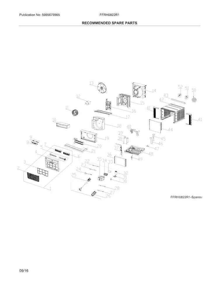 Recommended Spare Parts Diagram and Parts List for FFRH0822R11  Frigidaire Air Conditioner