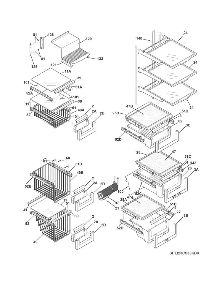 Shelves Diagram and Parts List for EI23CS35KS3A  Electrolux Refrigerator