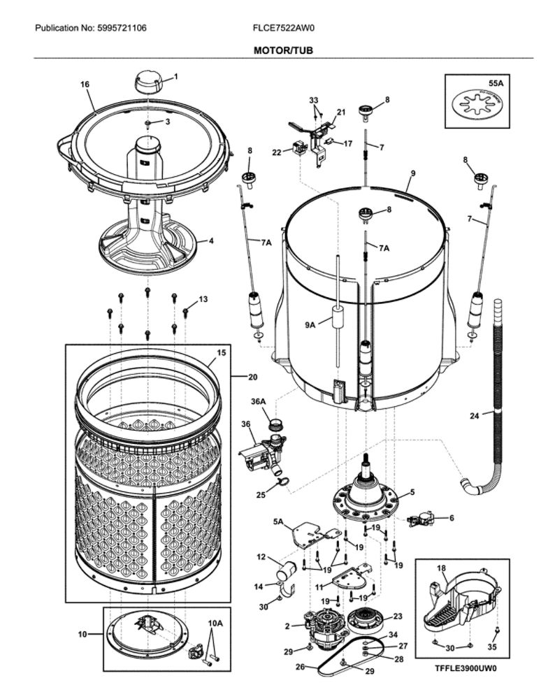 Motor/Tub Diagram and Parts List for FLCE7522AW0  Frigidaire Washer Dryer Combo