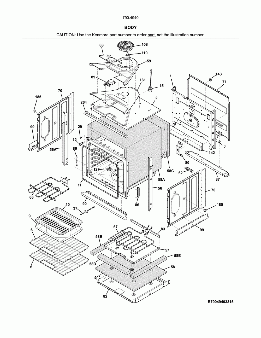 Body Diagram and Parts List for 79049402316  Kenmore Wall Oven