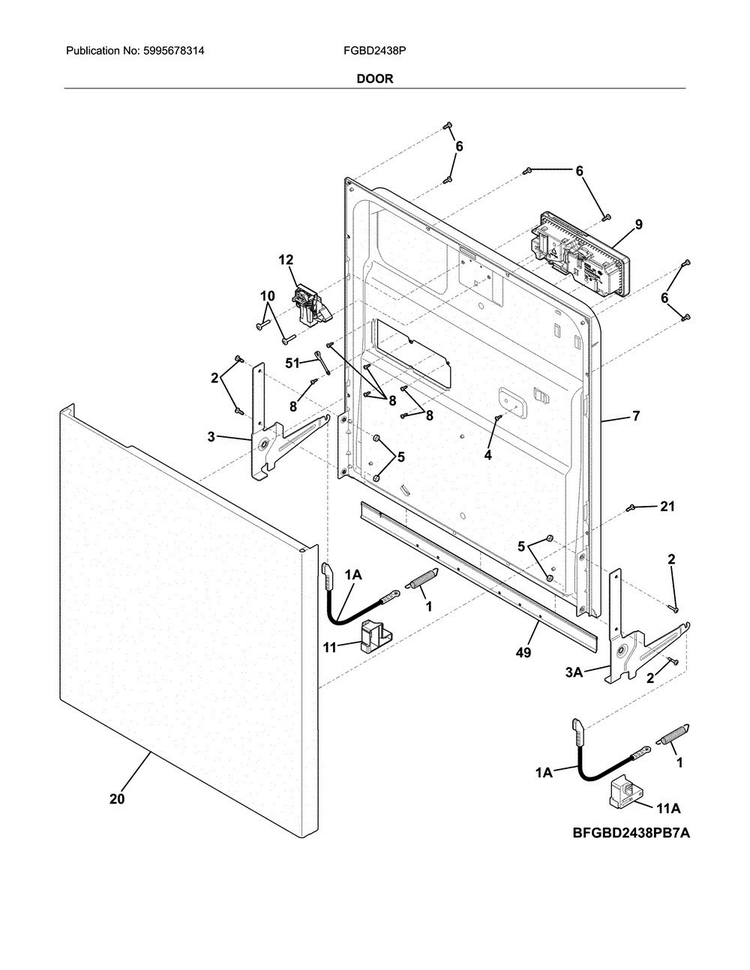 Door Diagram and Parts List for FGBD2438PW9B  Frigidaire Dishwasher
