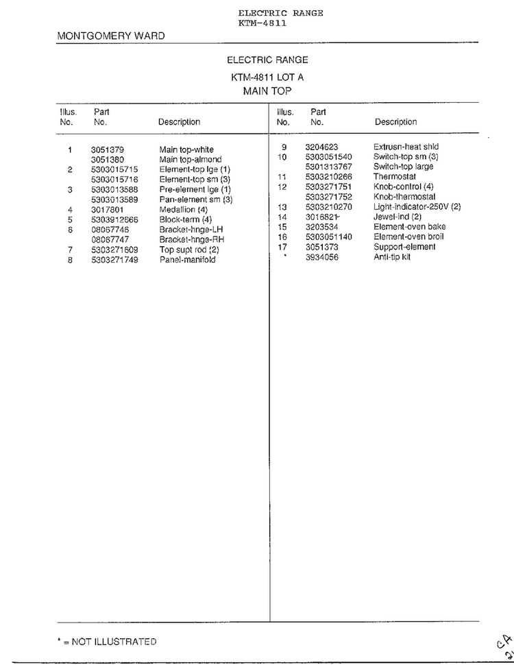 Main Top Page 2 Diagram and Parts List for 4811  Frigidaire Range