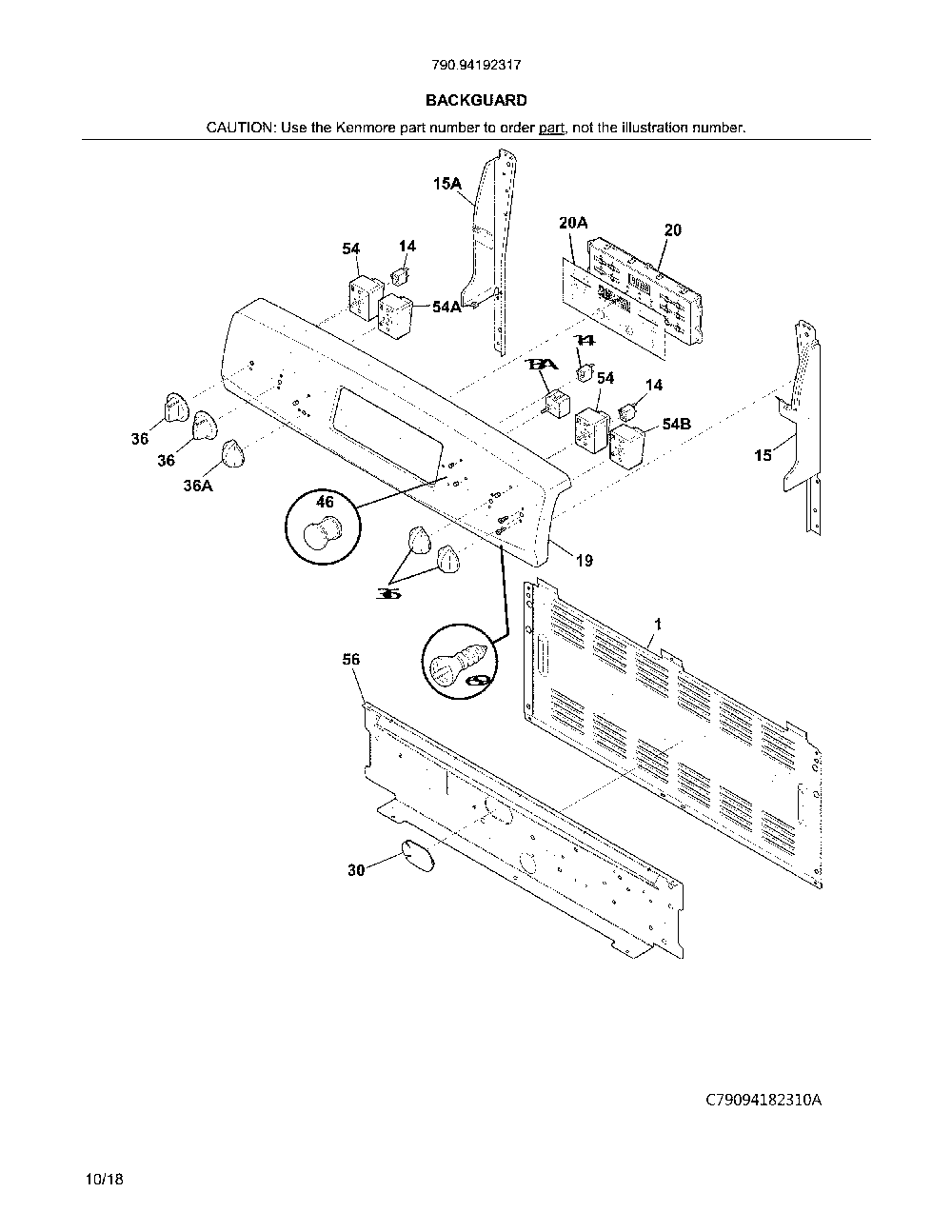 Backguard Diagram and Parts List for 79094192317  Kenmore Range