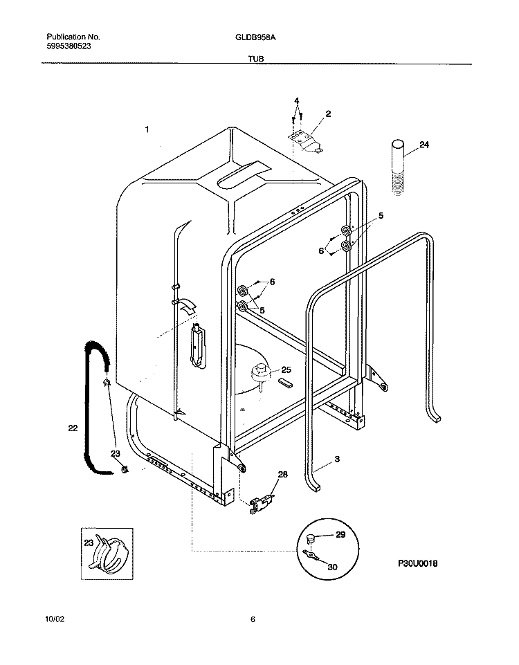 TUB Diagram and Parts List for GLDB958AB2  Frigidaire Dishwasher