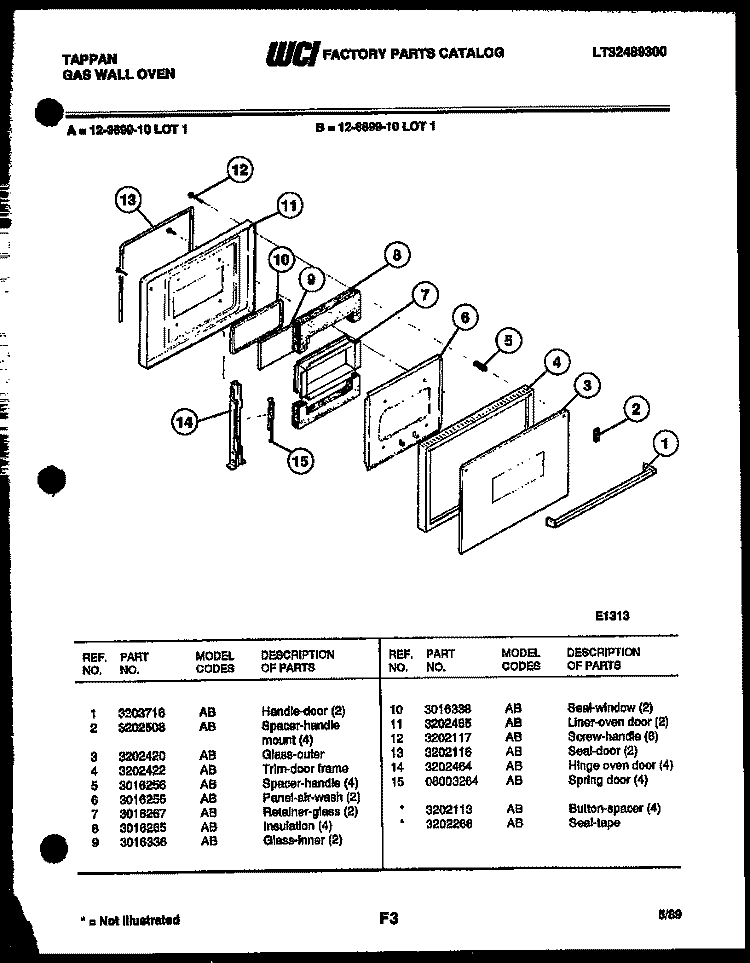 DOOR PARTS Diagram and Parts List for 12-3699-00-01  Tappan Wall Oven