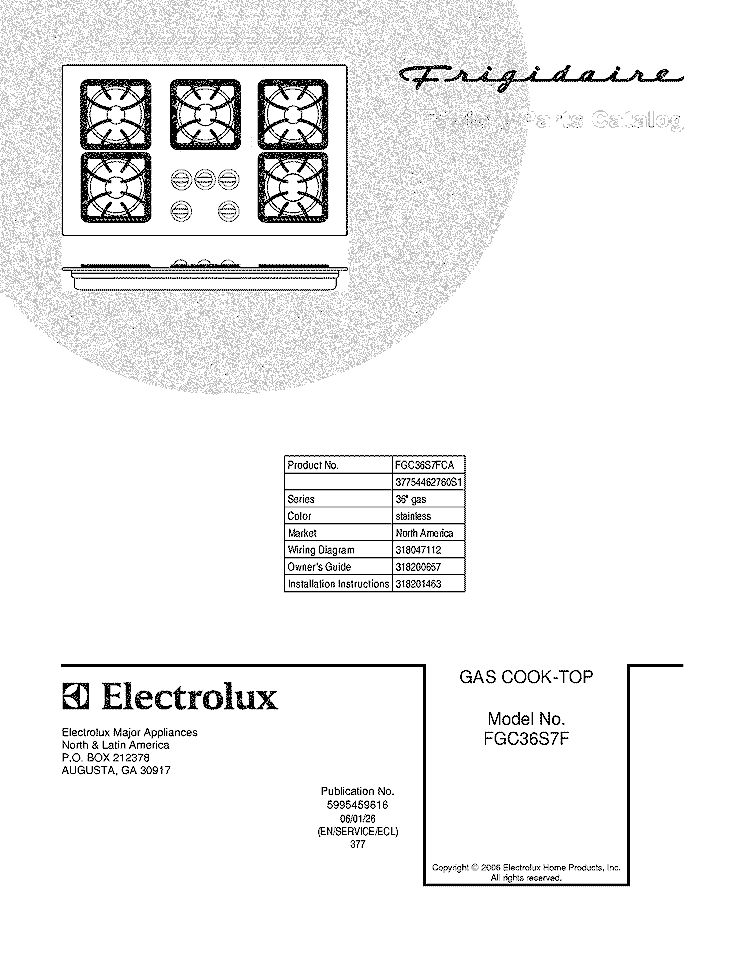 COVER Diagram and Parts List for FGC36S7FCA  Frigidaire Cooktop