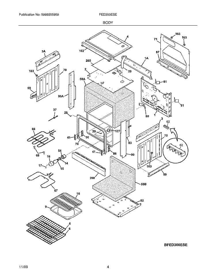 BODY Diagram and Parts List for FED300ESE  Frigidaire Range