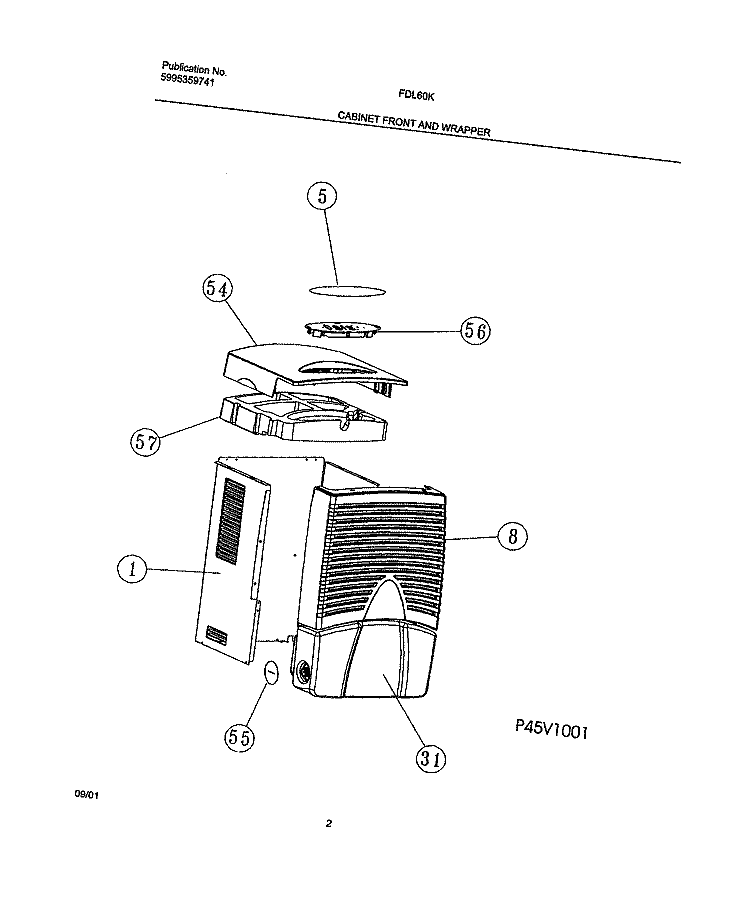 CABINET FRONT AND WRAPPER Diagram and Parts List for FDL60K1  Frigidaire Dehumidifier