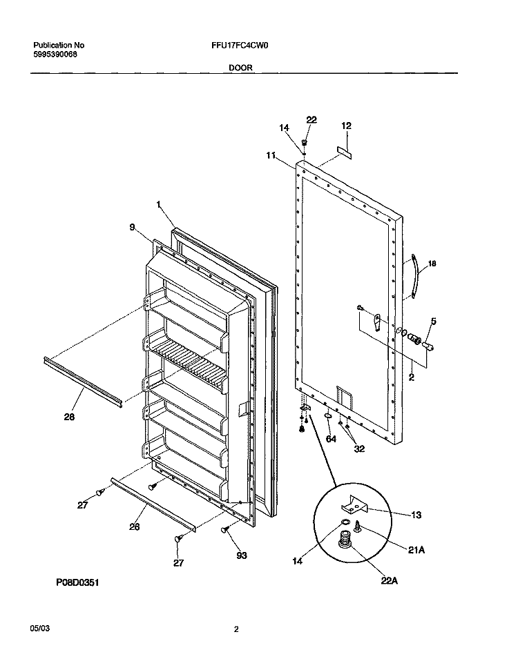 DOOR Diagram and Parts List for FFU17FC4CW0  Frigidaire Freezer