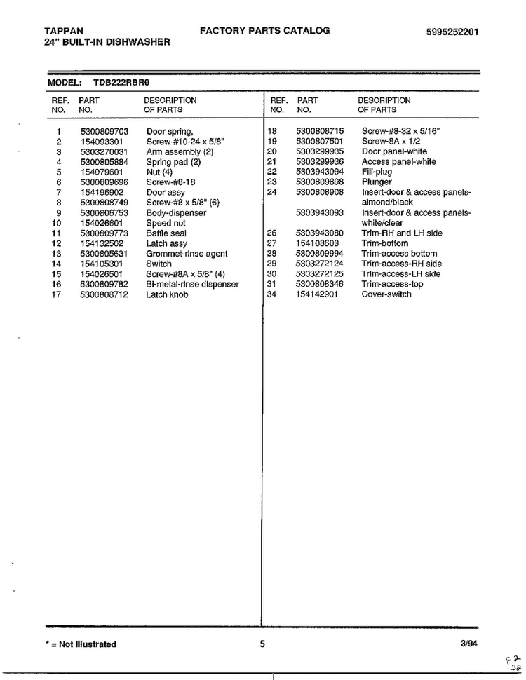 24" Built-in Dishwasher Page 5 Diagram and Parts List for 68-1075  Frigidaire Dishwasher