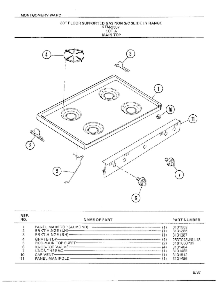 30` Floor/main Top Diagram and Parts List for 2507A  Frigidaire Range