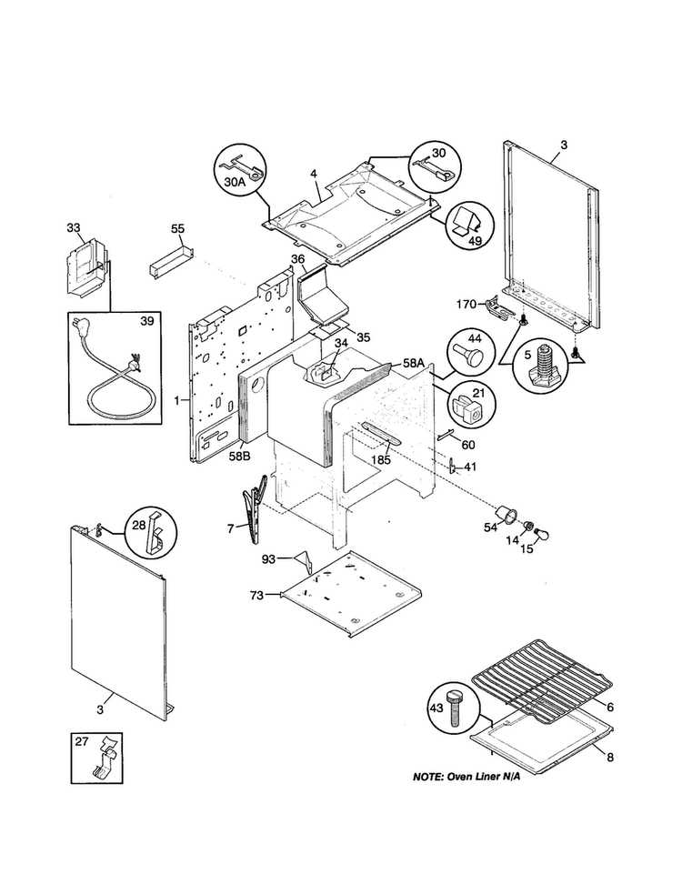 Body Diagram and Parts List for FGFB33WHSB  Frigidaire Range