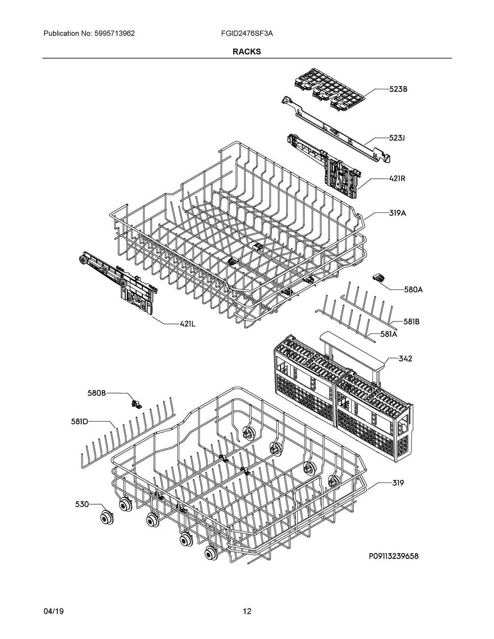 Racks Diagram and Parts List for FGID2476SF3A  Frigidaire Dishwasher