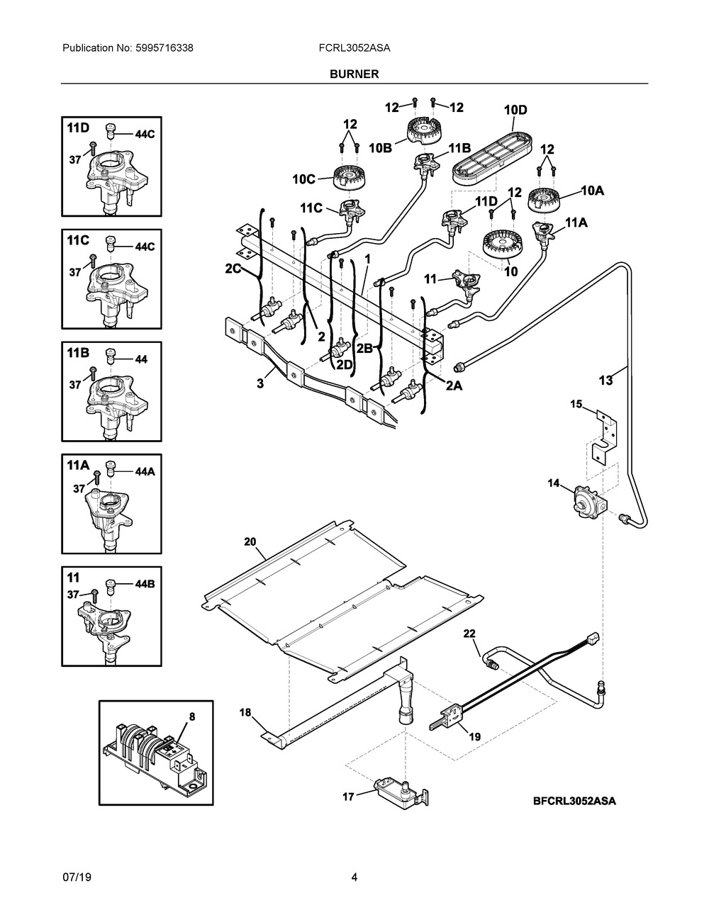Burner Diagram and Parts List for FCRL3052ASA  Frigidaire Range
