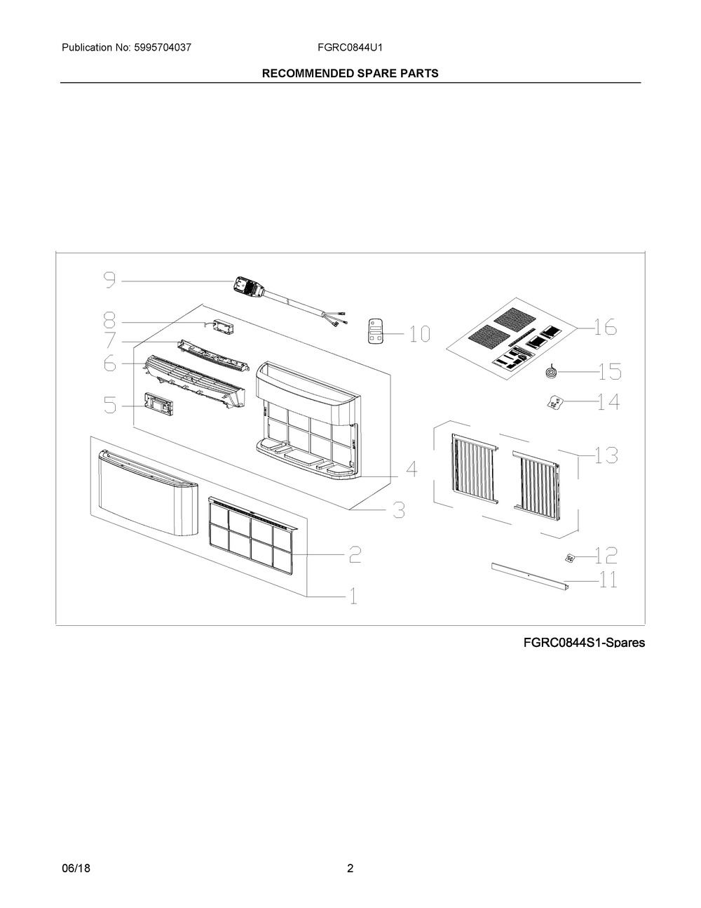 Recommended Spare Parts Diagram and Parts List for FGRC0844U100  Frigidaire Air Conditioner