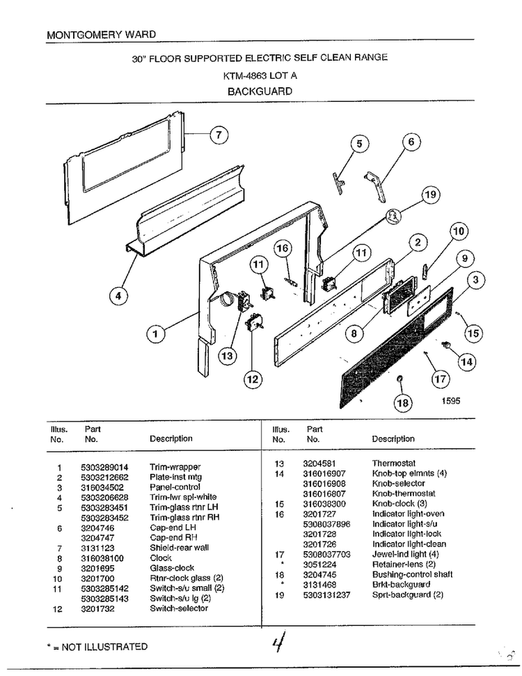 Backguard Diagram and Parts List for 4863A  Frigidaire Range