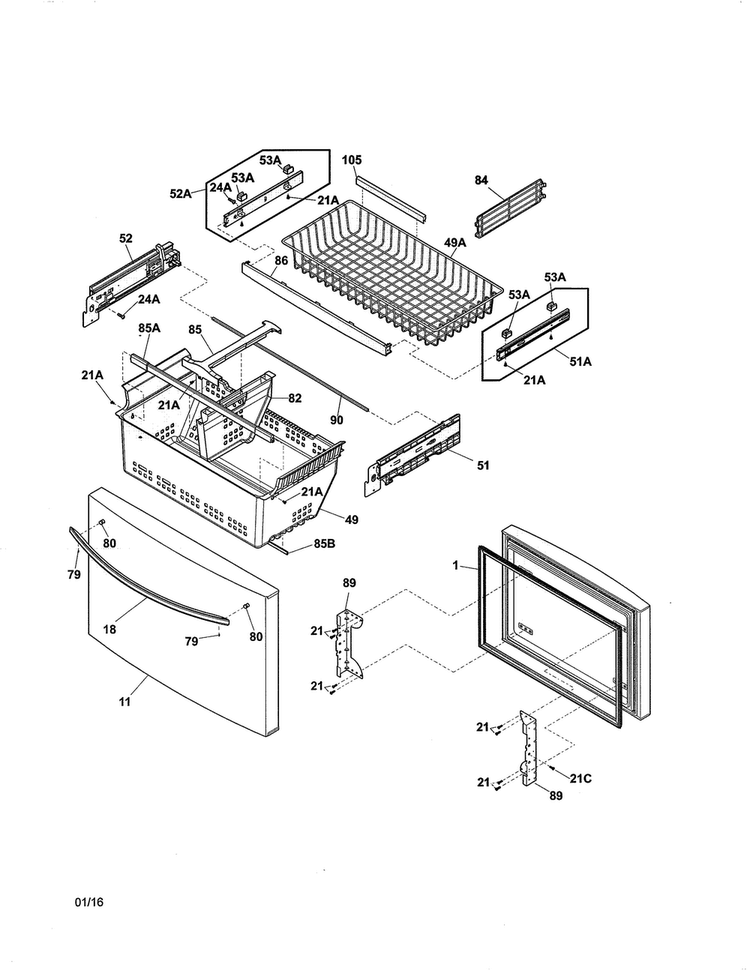 Freezer Drawer/baskets Diagram and Parts List for 25370423415  Kenmore Refrigerator