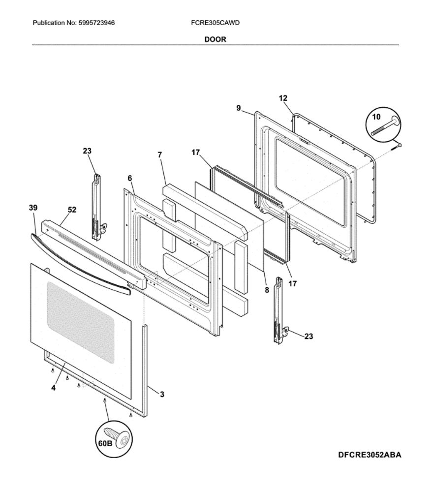 Door Diagram and Parts List for FCRE305CAWD  Frigidaire Range