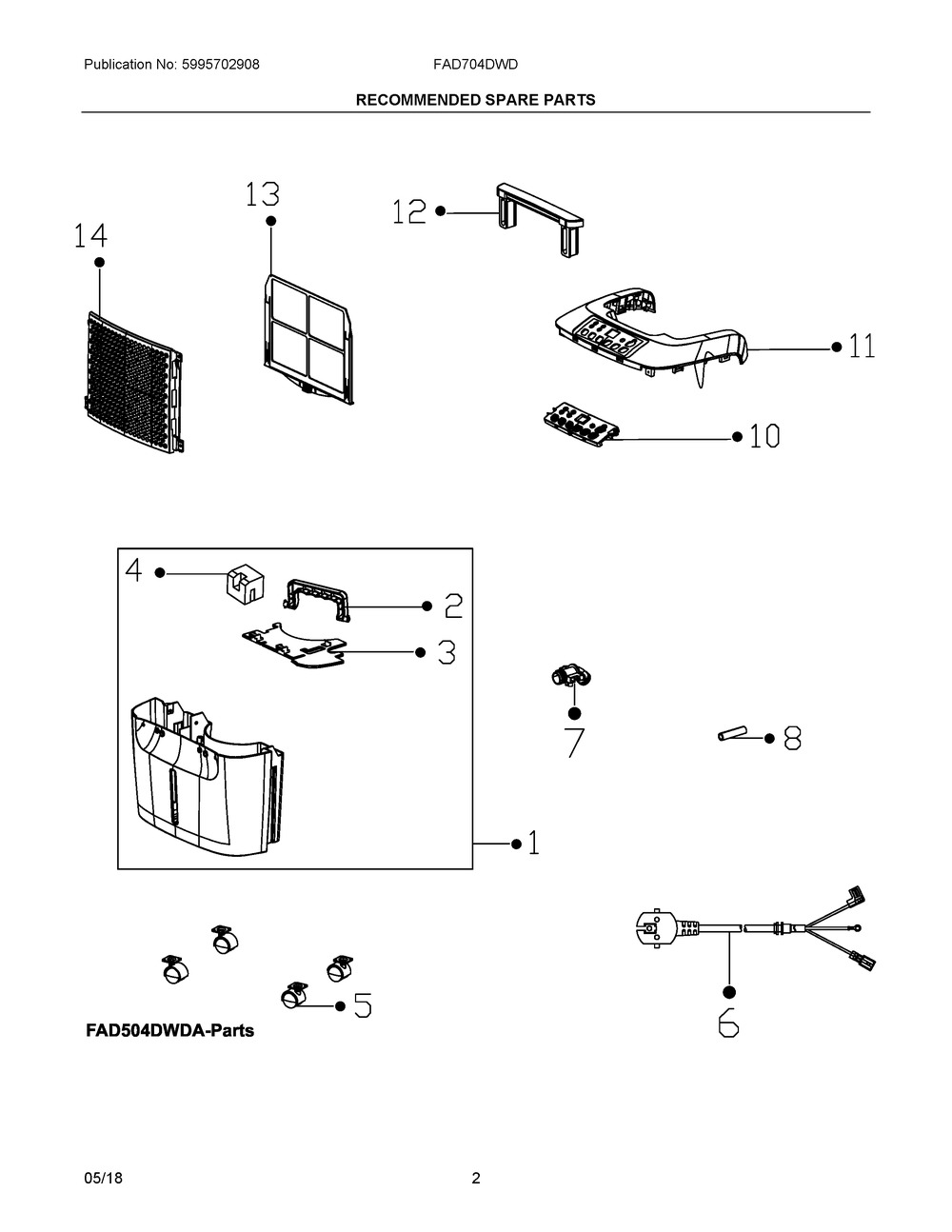 Recommended Spare Parts Diagram and Parts List for FAD704DWDA1  Frigidaire Dehumidifier