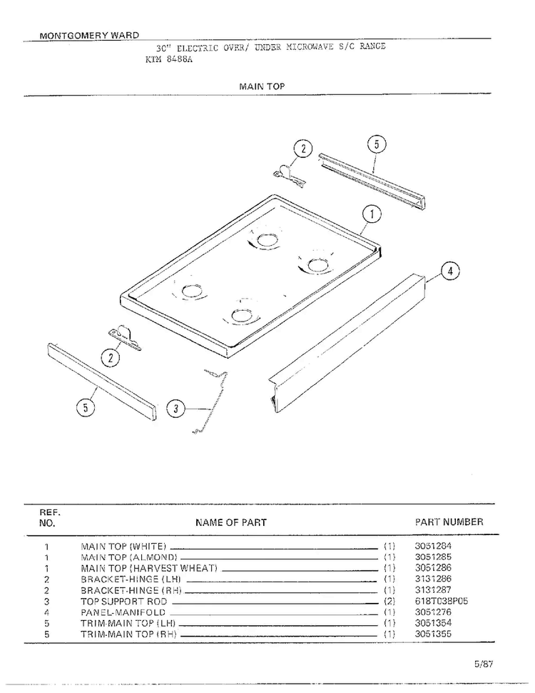 Main Top Diagram and Parts List for 8488A  Frigidaire Range