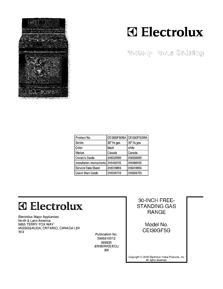 COVER Diagram and Parts List for CEI30GF5GWA  Electrolux Range
