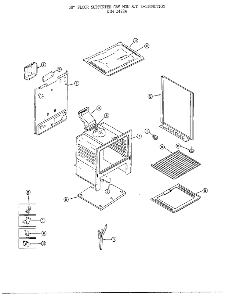 30" Floor/basic Body Diagram and Parts List for 2428A  Frigidaire Range