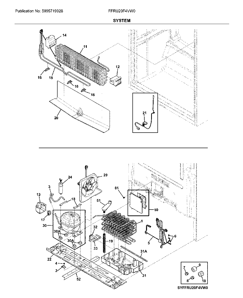 System Diagram and Parts List for FFRU20F4VW0  Frigidaire Refrigerator