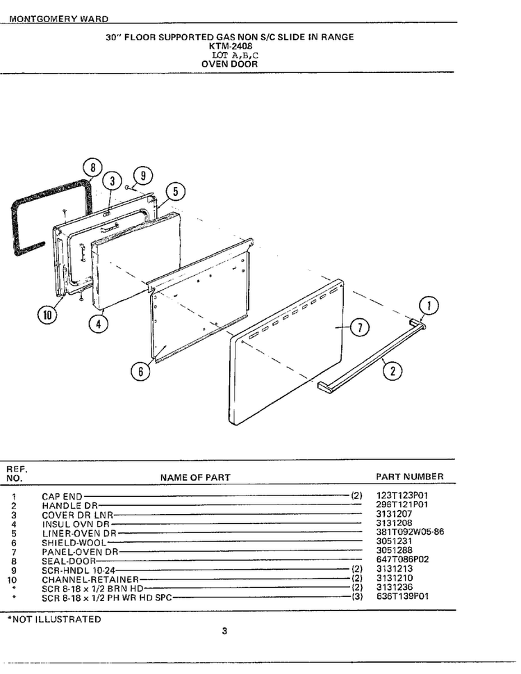 30` Floor Oven Door Diagram and Parts List for 2408A  Frigidaire Range