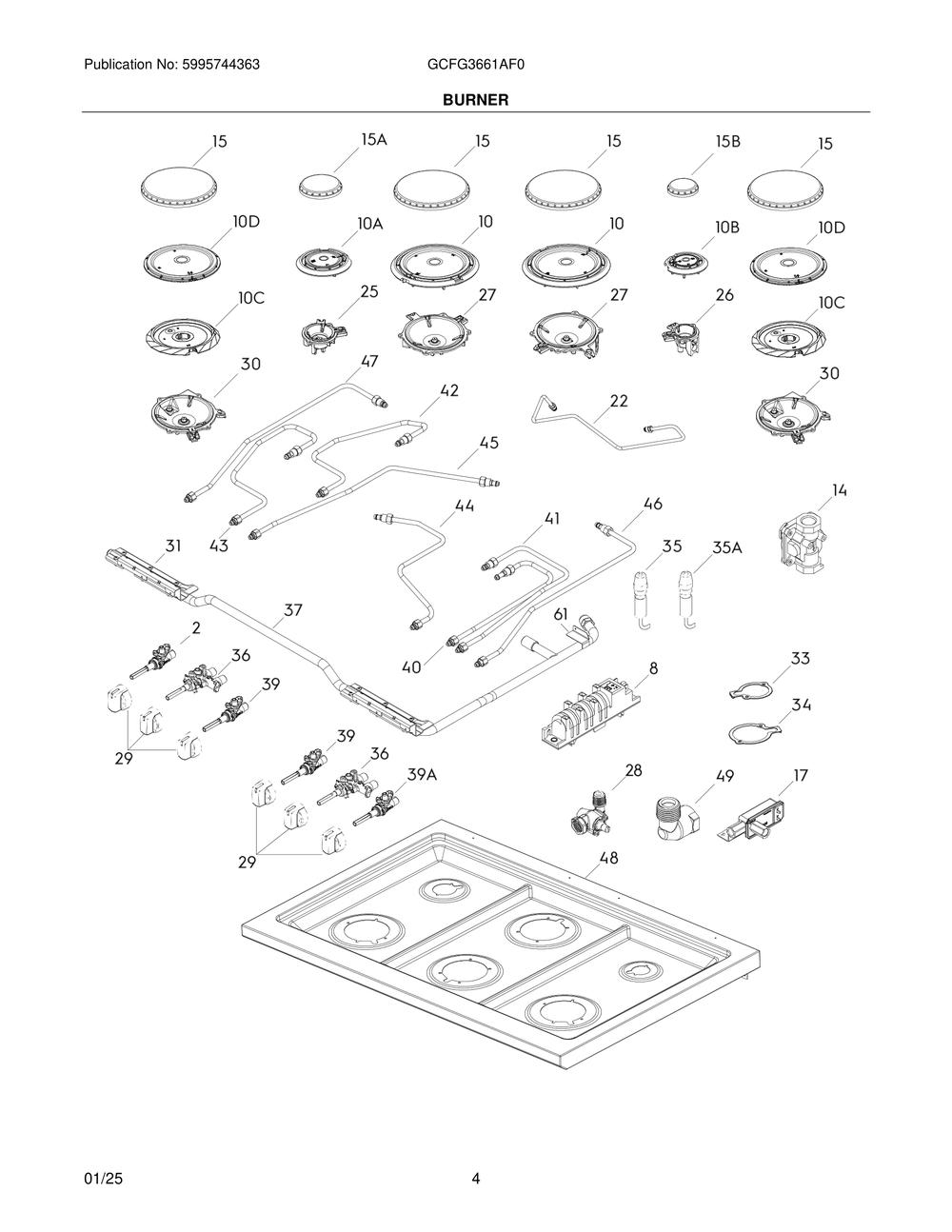Burner Diagram and Parts List for GCFG3661AF0  Frigidaire Range