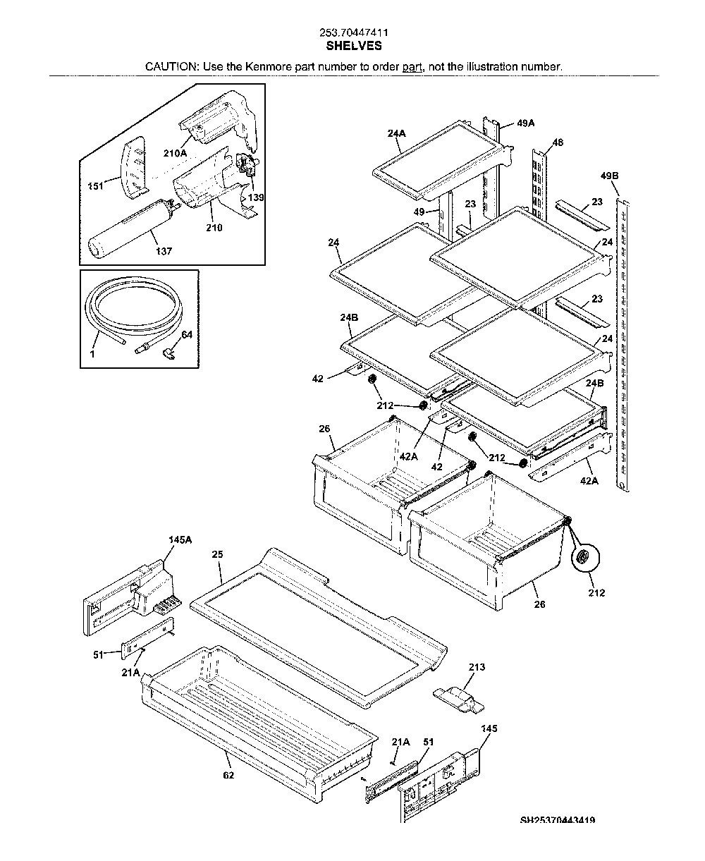Shelves Diagram and Parts List for 25370447411  Kenmore Refrigerator