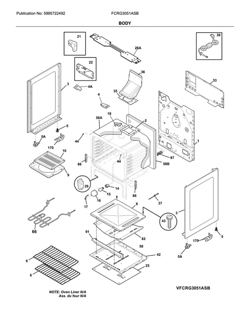 Body Diagram and Parts List for FCRG3051ASB  Frigidaire Range
