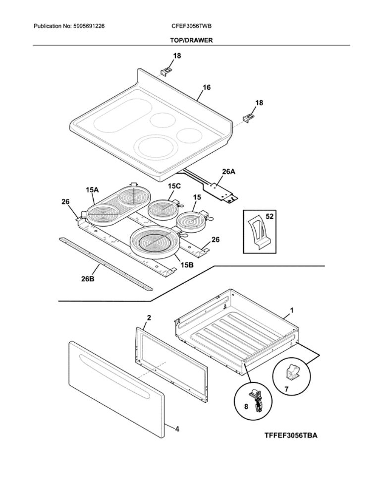 Top/Drawer Diagram and Parts List for CFEF3056TWB  Frigidaire Range