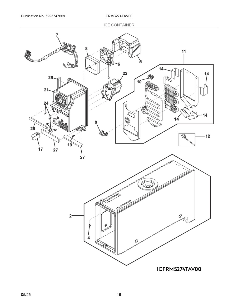 Ice Container Diagram and Parts List for FRMS274TAV00  Frigidaire Refrigerator