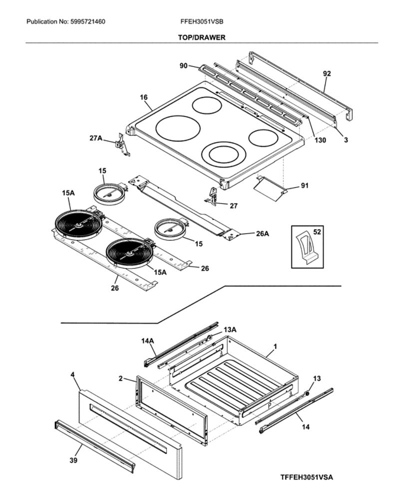 Top/Drawer Diagram and Parts List for FFEH3051VSB  Frigidaire Range