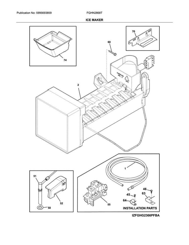 Ice Maker Diagram and Parts List for FGHN2868TF1  Frigidaire Refrigerator