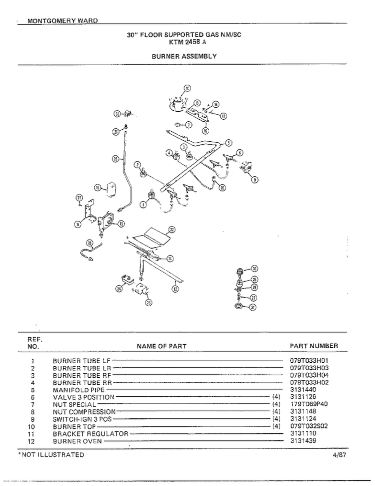 30" Floor/burner Assy Diagram and Parts List for 2458A  Frigidaire Range