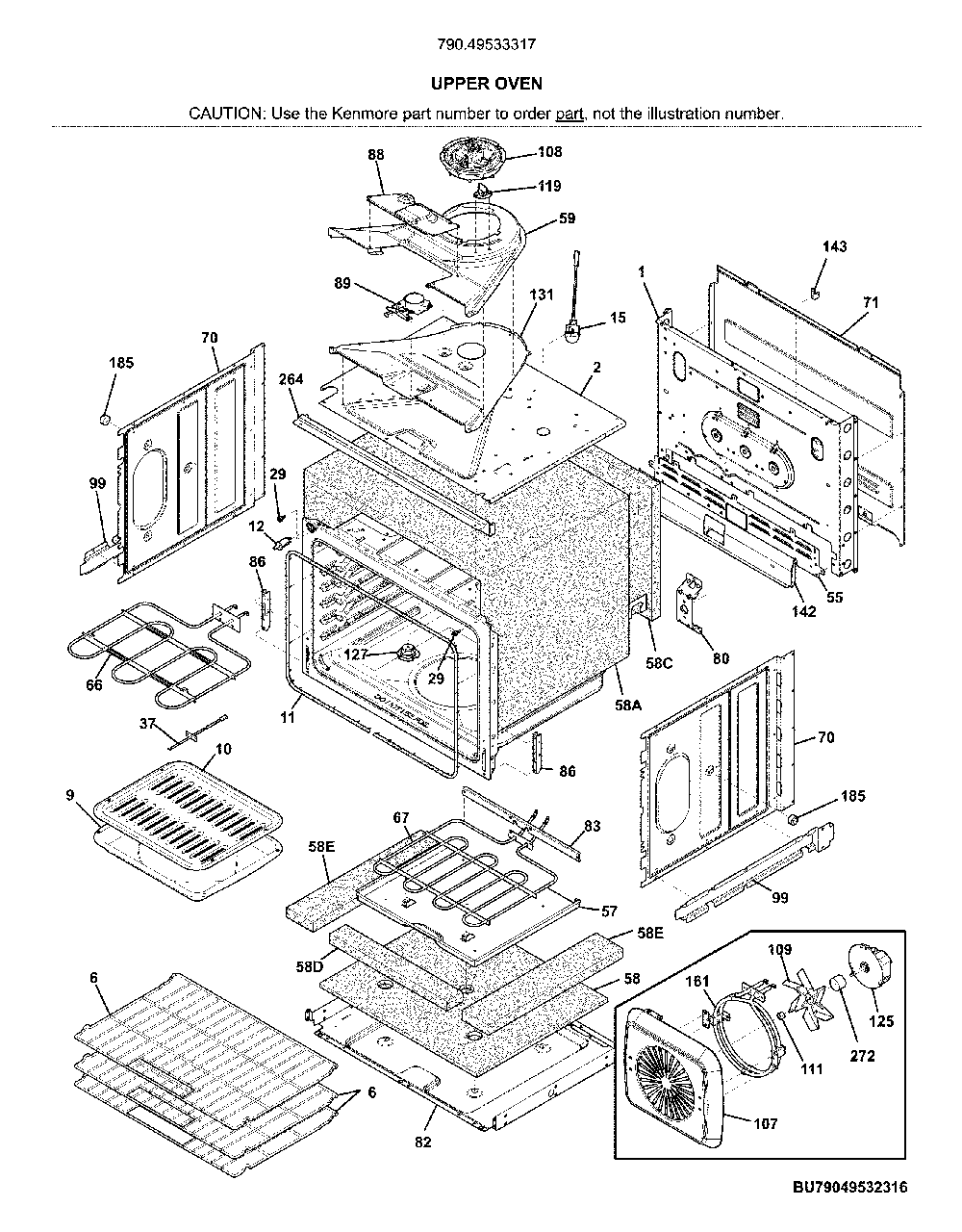 Upper oven Diagram and Parts List for 79049533317  Kenmore Wall Oven