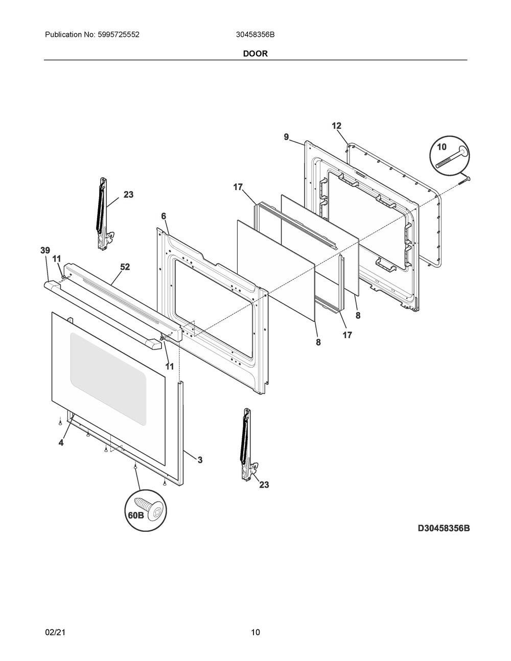 Door Diagram and Parts List for 30458356B  Frigidaire Range