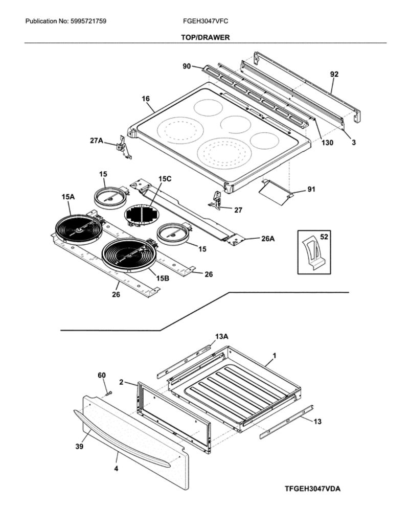 Top/Drawer Diagram and Parts List for FGEH3047VFC  Frigidaire Range