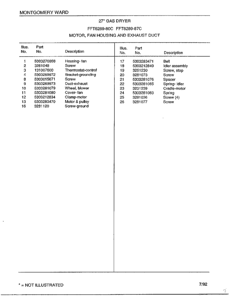 Motor/fan Housing And Exhaust Duct Page 2 Diagram and Parts List for 8289-80C  Frigidaire Dryer