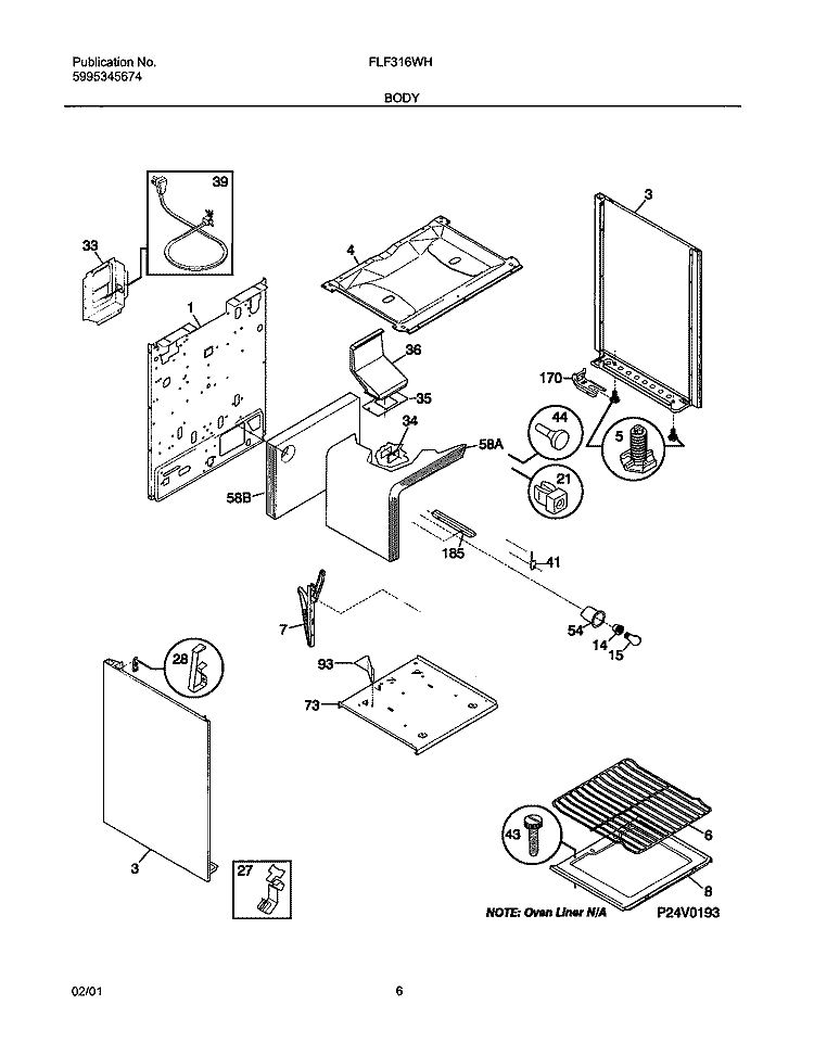 BODY Diagram and Parts List for FLF316WHSA  Frigidaire Range