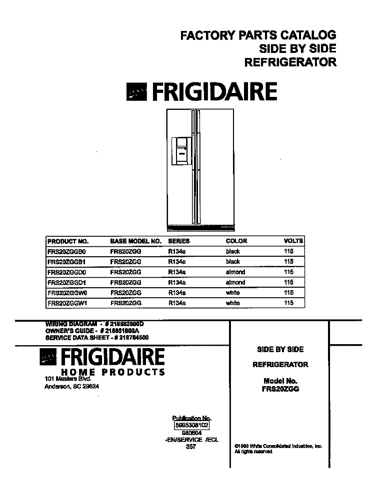 COVER Diagram and Parts List for FRS20ZGGD0  Frigidaire Refrigerator