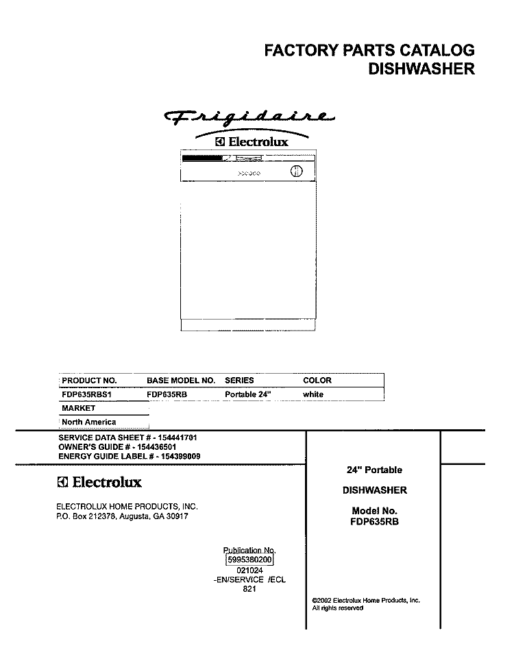 COVER Diagram and Parts List for FDP635RBS1  Frigidaire Dishwasher