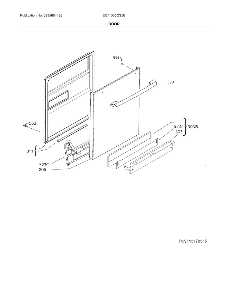 Door Diagram and Parts List for EI24ID30QS5B  Electrolux Dishwasher