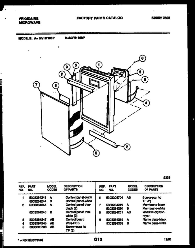 Control Panel Diagram and Parts List for MVH1199P  Frigidaire Microwave