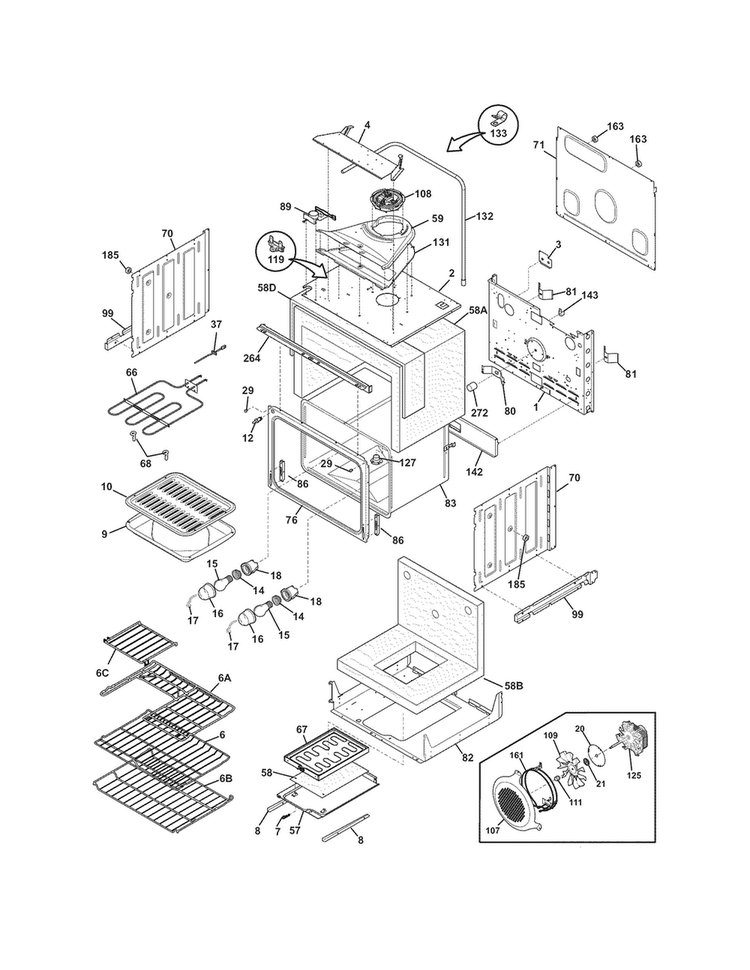 Upper Oven Diagram and Parts List for FGET2765KFB  Frigidaire Wall Oven
