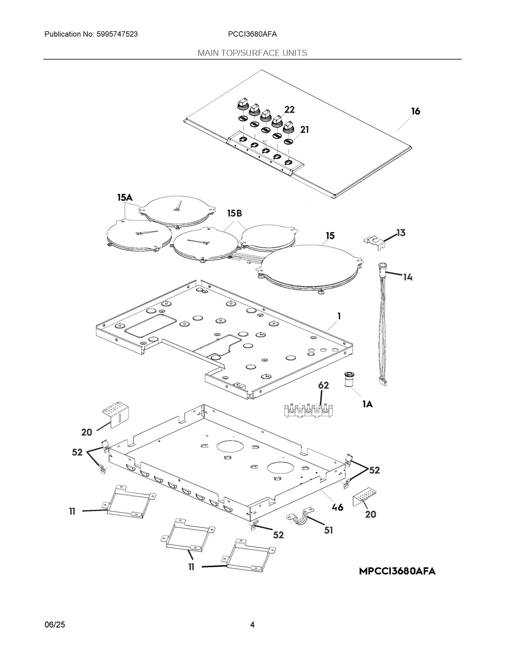 Main Top/Surface Units Diagram and Parts List for PCCI3680AFA  Frigidaire Range