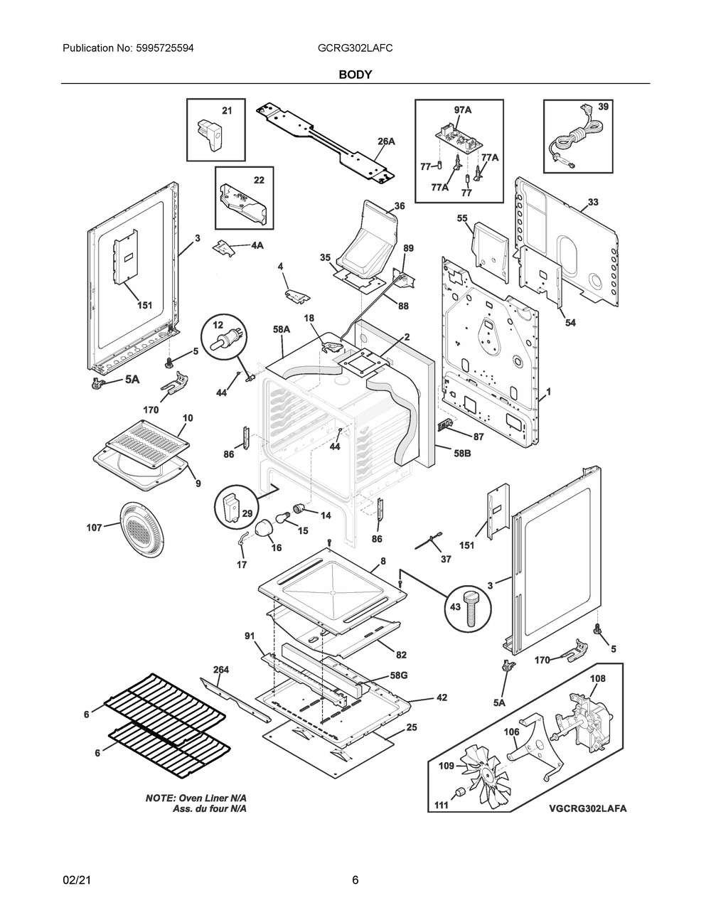 Body Diagram and Parts List for GCRG302LAFC  Frigidaire Range