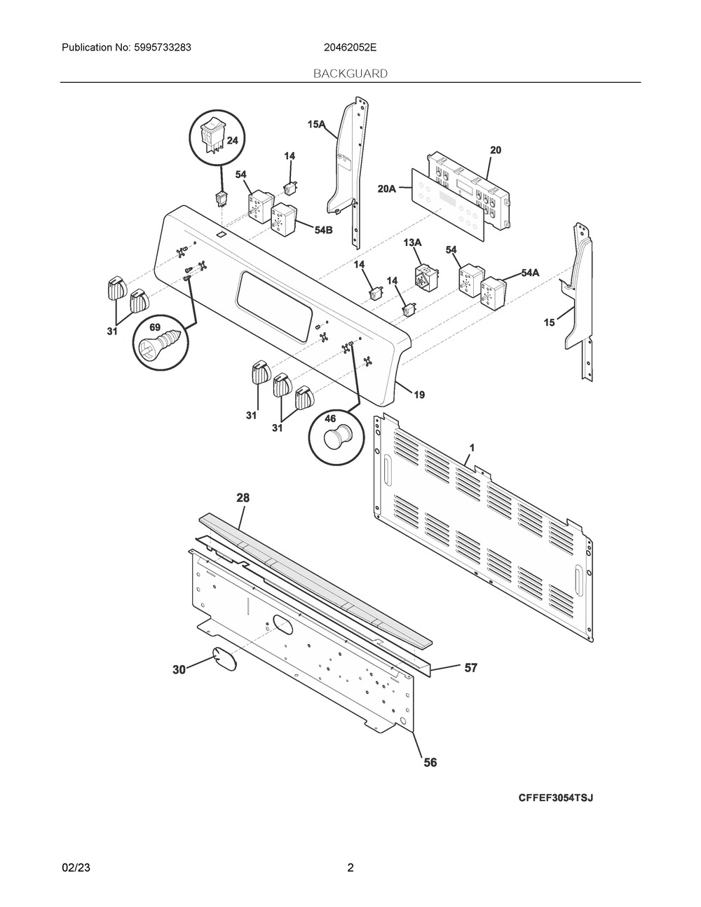 Backguard Diagram and Parts List for 20462052E  Frigidaire Range